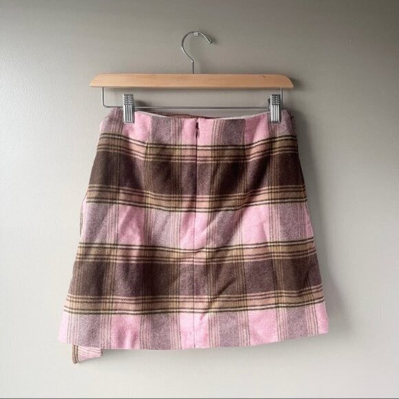 WILFRED | New Wrap Front Wool Mini Skirt Pink Brown Plaid Size 0 Aritzia - Picture 3 of 6